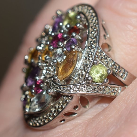 Boxed Sterling Silver Genuine Multi Gem Stoned Diamond Ring 9.3 Grams - Picture 4 of 9